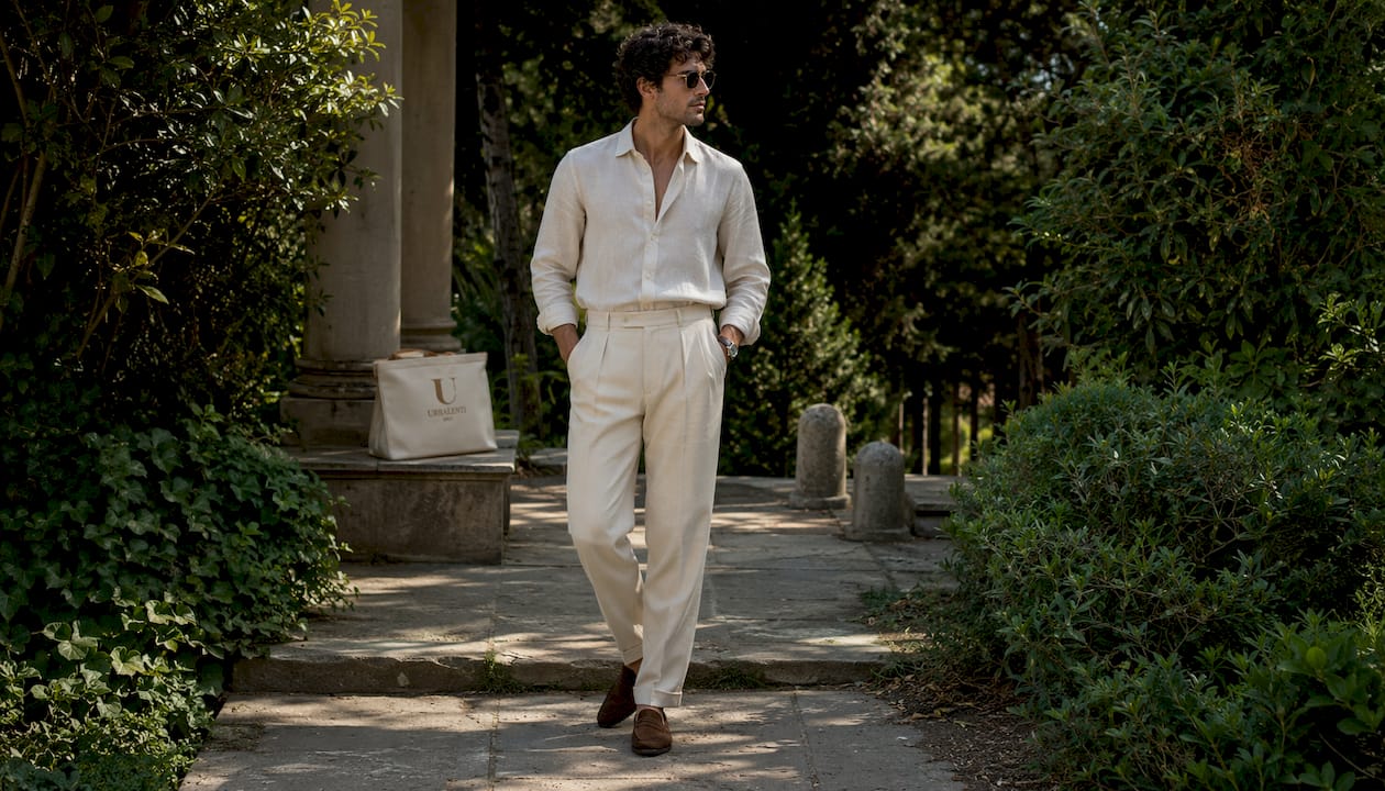 Close-up on relaxed high-rise luxury trousers
