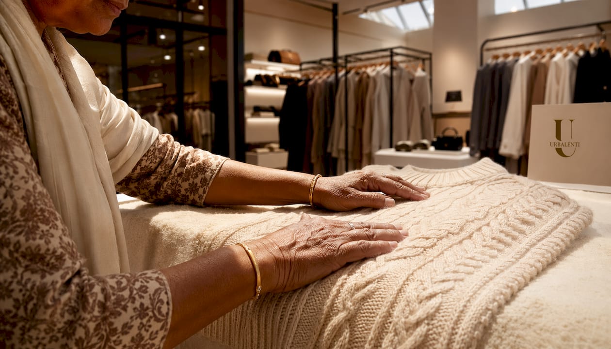 Hands folding luxury knitwear sweater