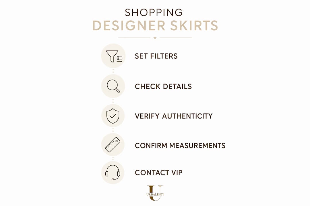 Infographic showing steps to shopping for designer skirts