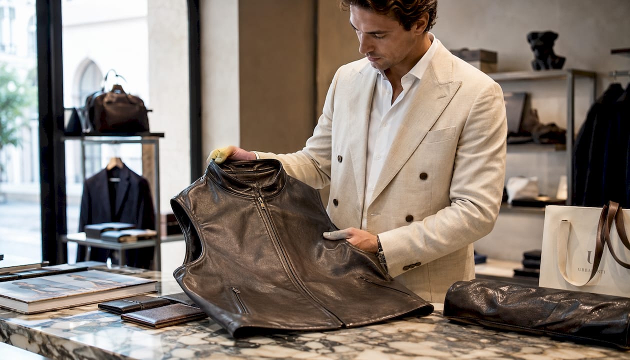 Close-up of luxury leather vest and workspace tools