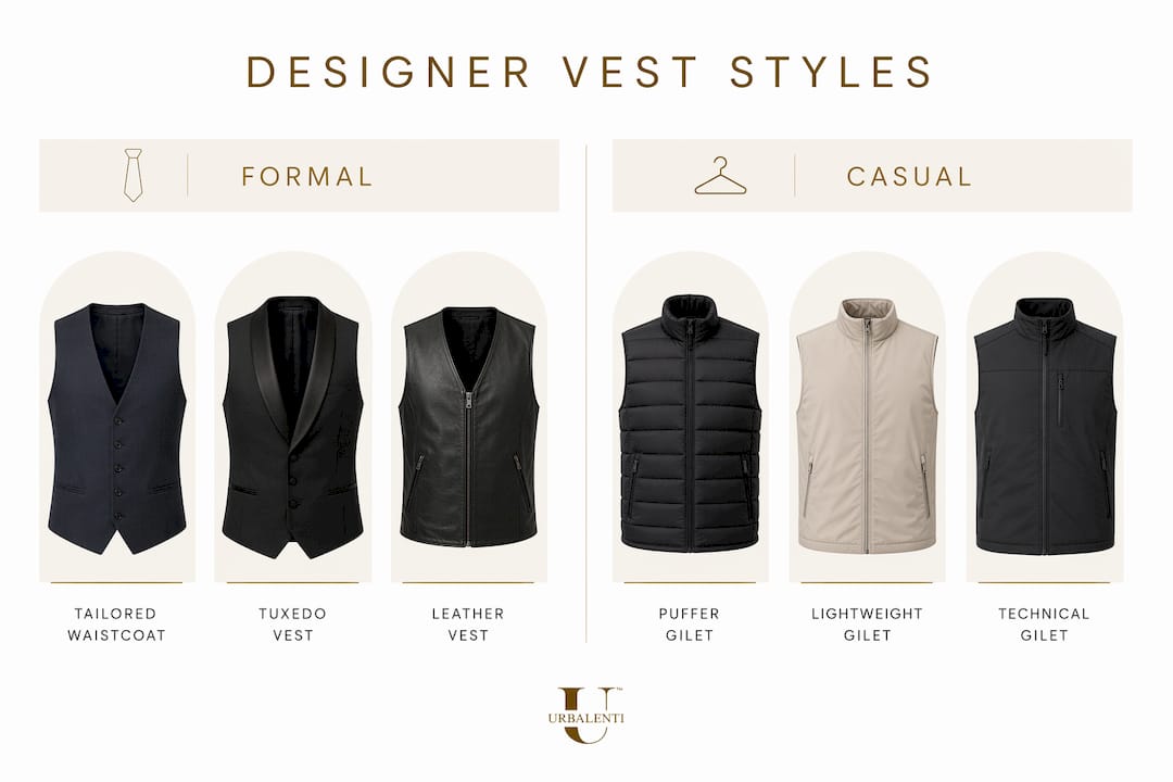 Infographic comparing formal and casual designer vest styles