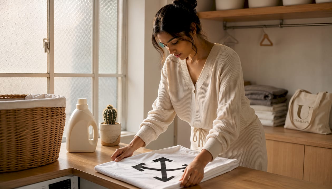 Woman folding Off-White T-shirt after washing at home