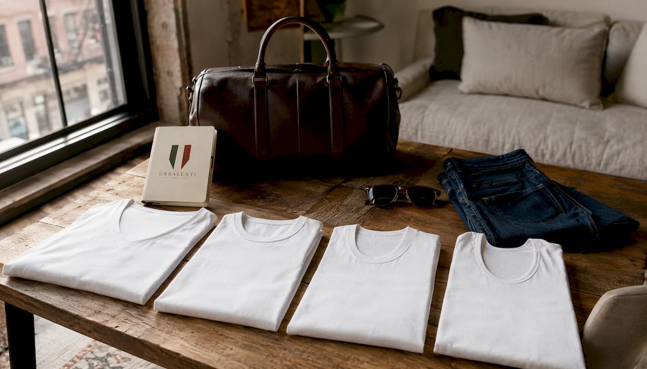 Variety of Emporio Armani white T-shirts on countertop