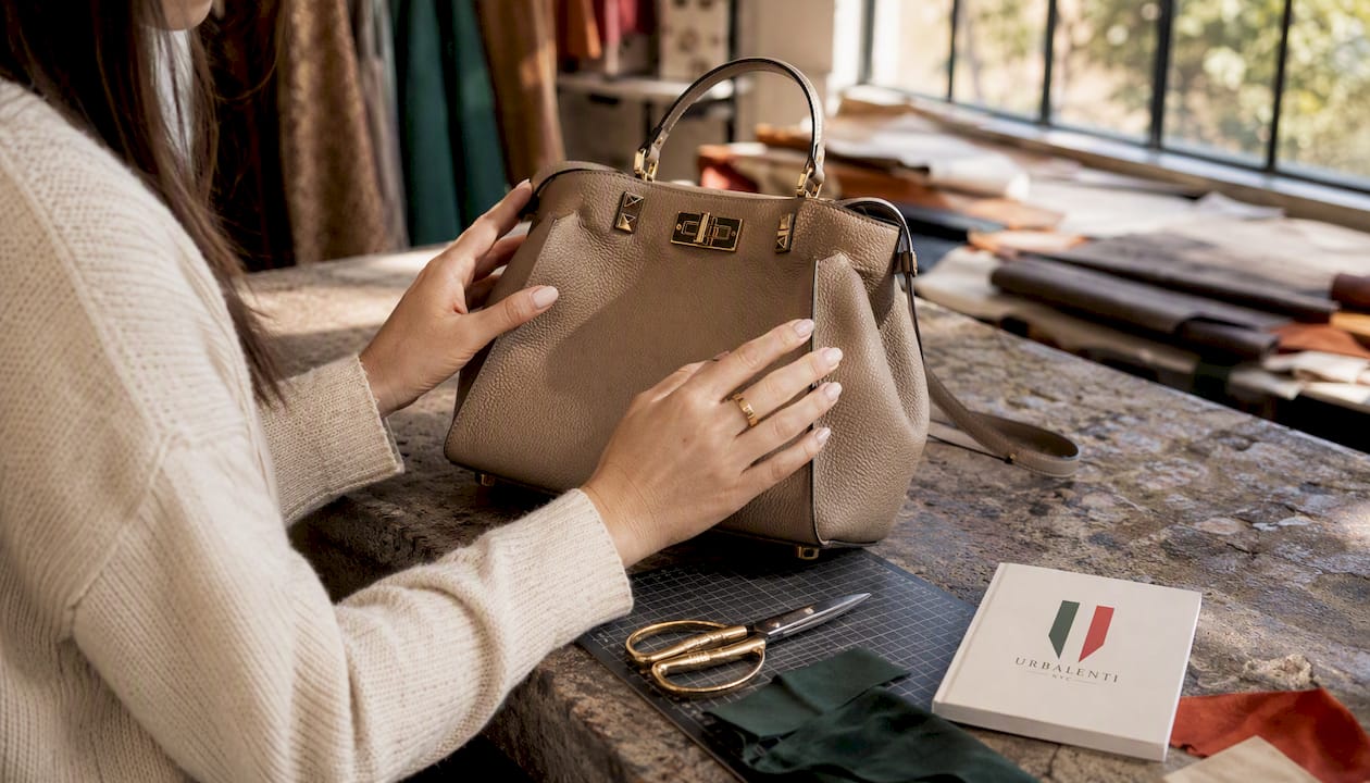 Close-up of hands examining leather on Valentino bag