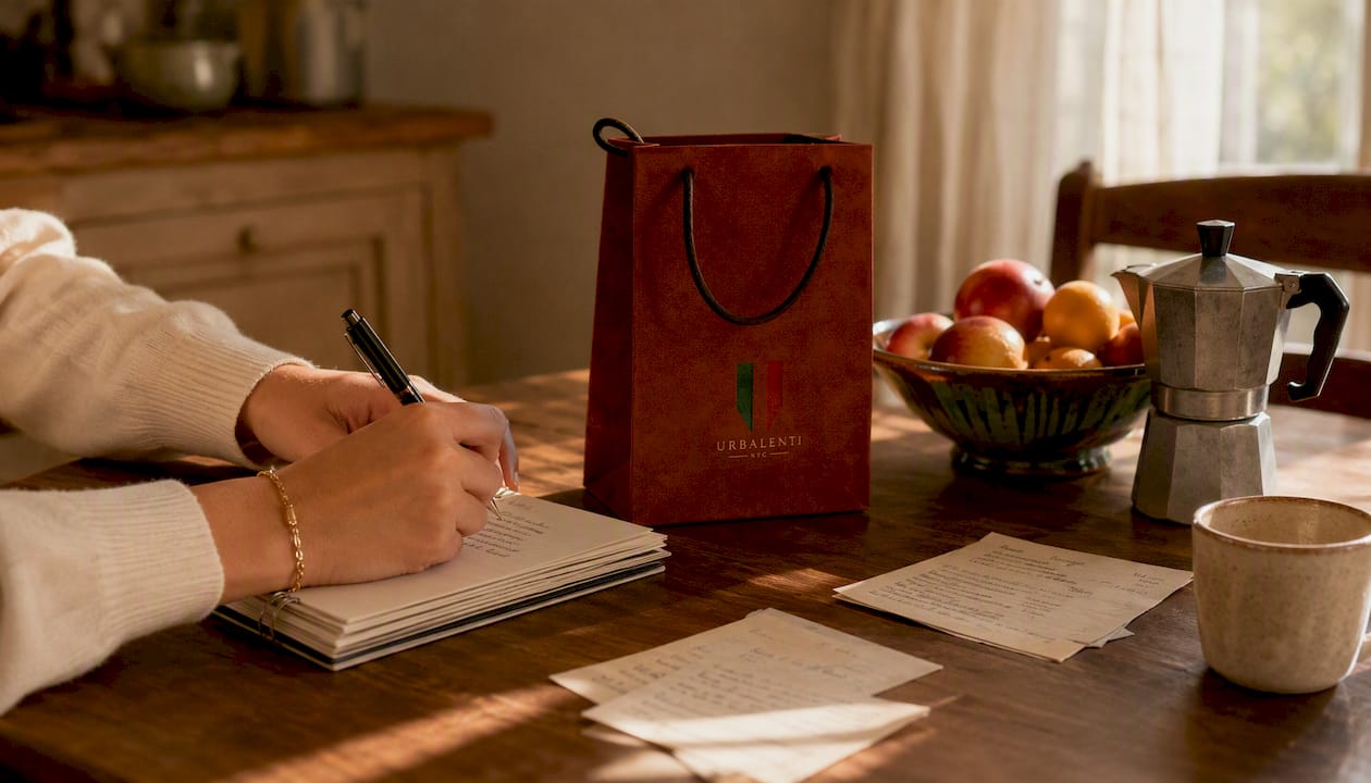 Office desk with Valentino bag and pricing materials
