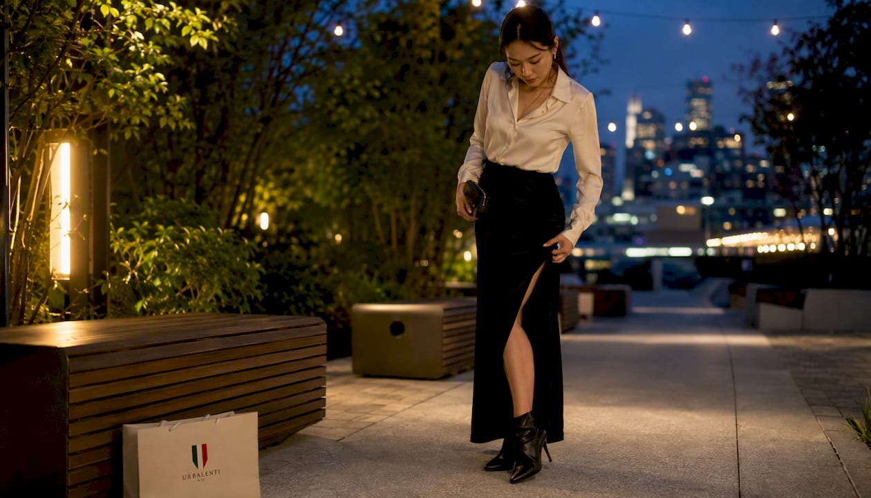 Woman wearing velvet draped skirt styled for evening