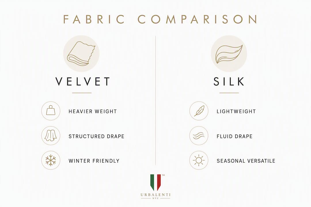 Infographic comparing velvet and silk skirt fabrics