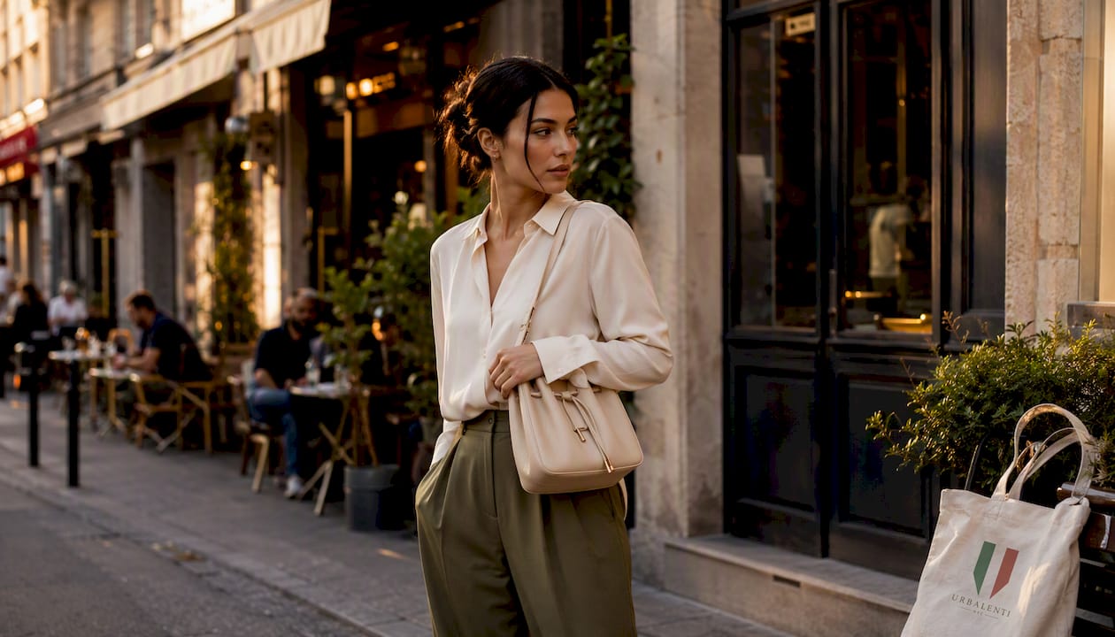 Woman styling Givenchy Voyou Bucket bag outdoors