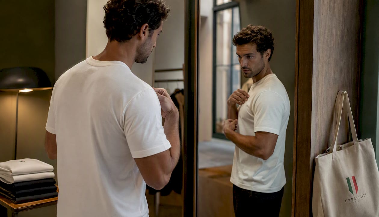 Man checking fit of white T-shirt in fitting room