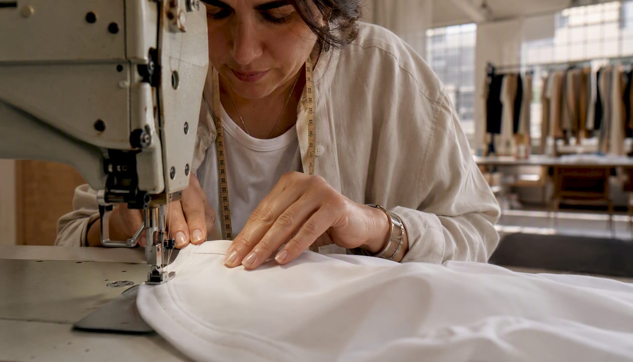 Hands sewing white T-shirt neckline