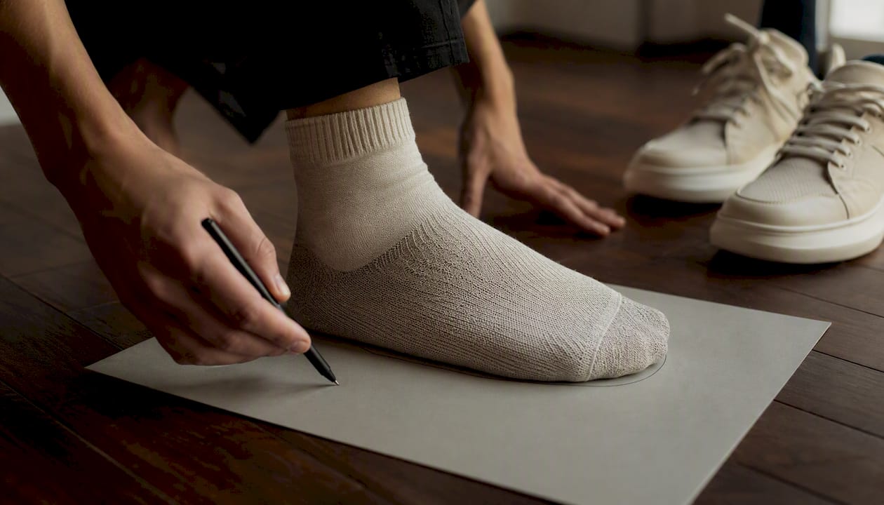 Foot tracing with sock on hardwood floor