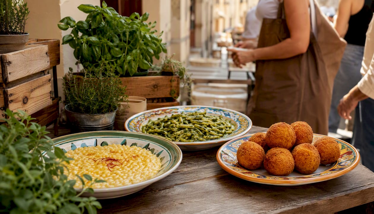 Diverse regional Italian cuisine on rustic table