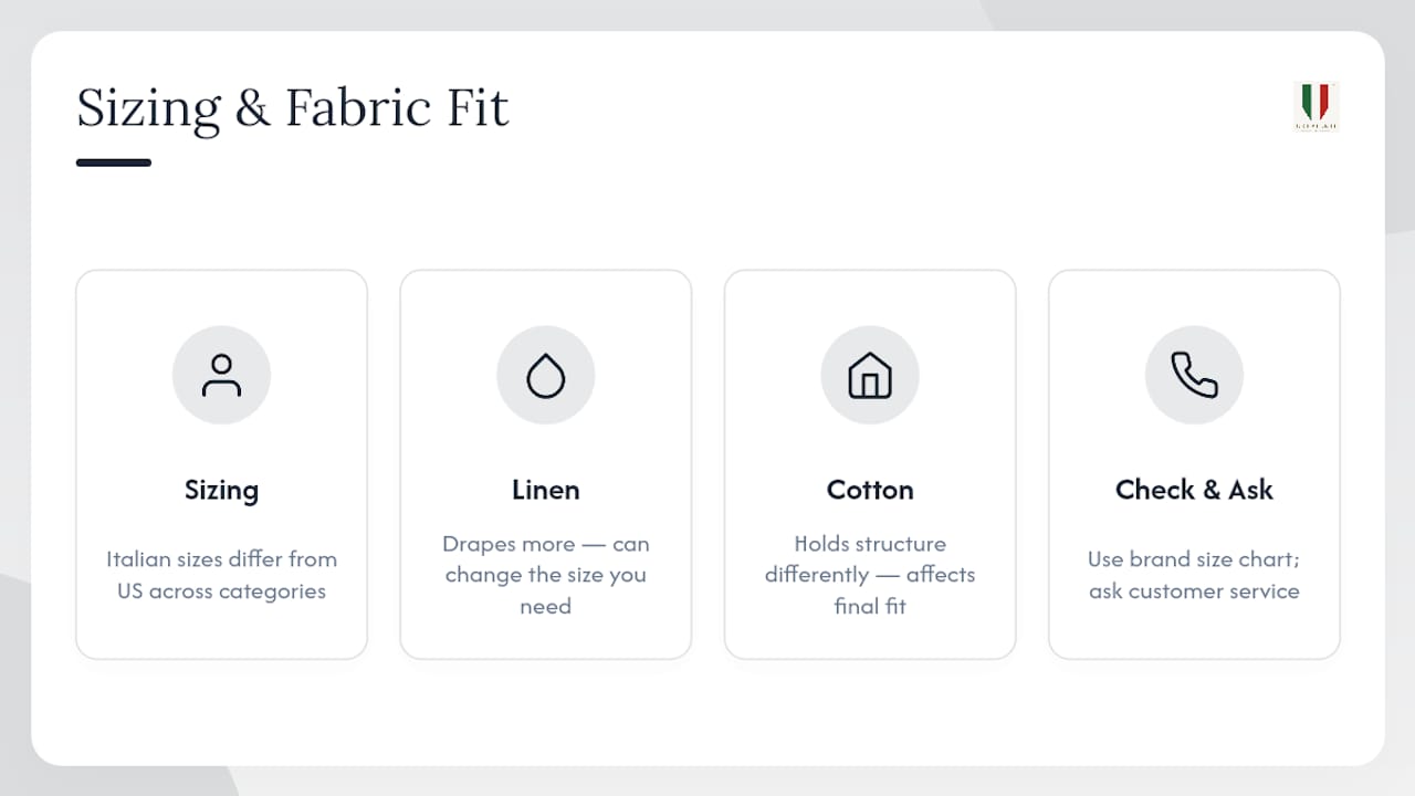 Diagram comparing Italian and US sizing plus fabric fit