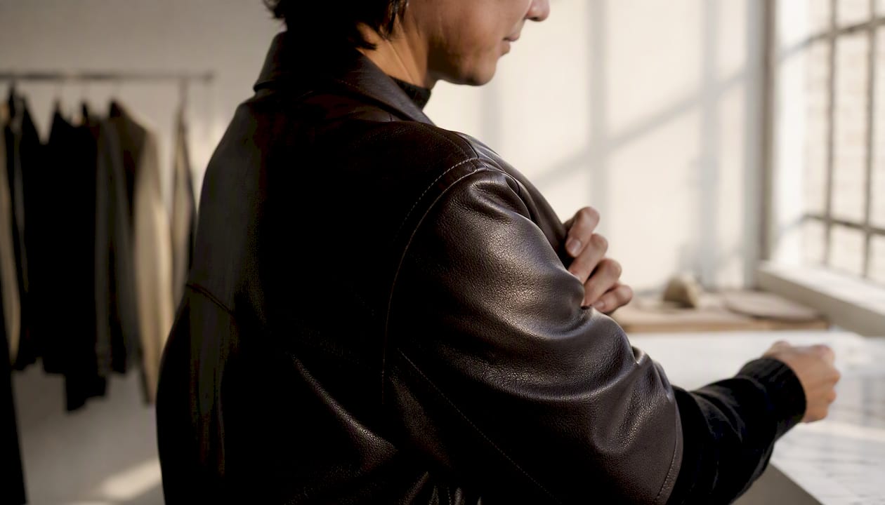 Person fitting leather jacket shoulder