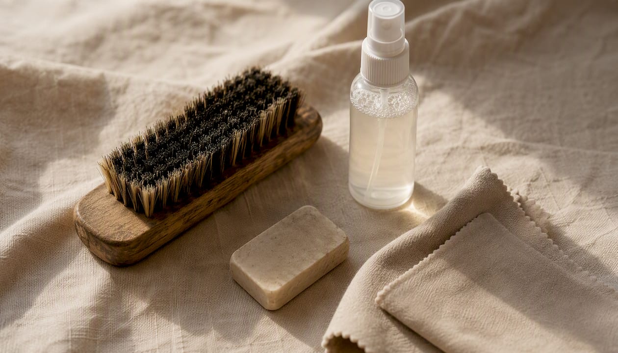 Suede care tools flat lay on fabric