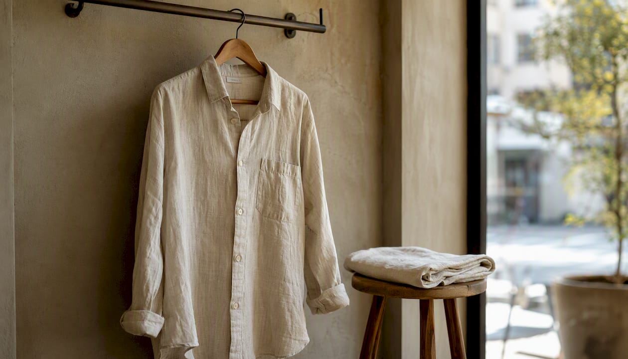 Linen shirt hanging on padded hanger indoors