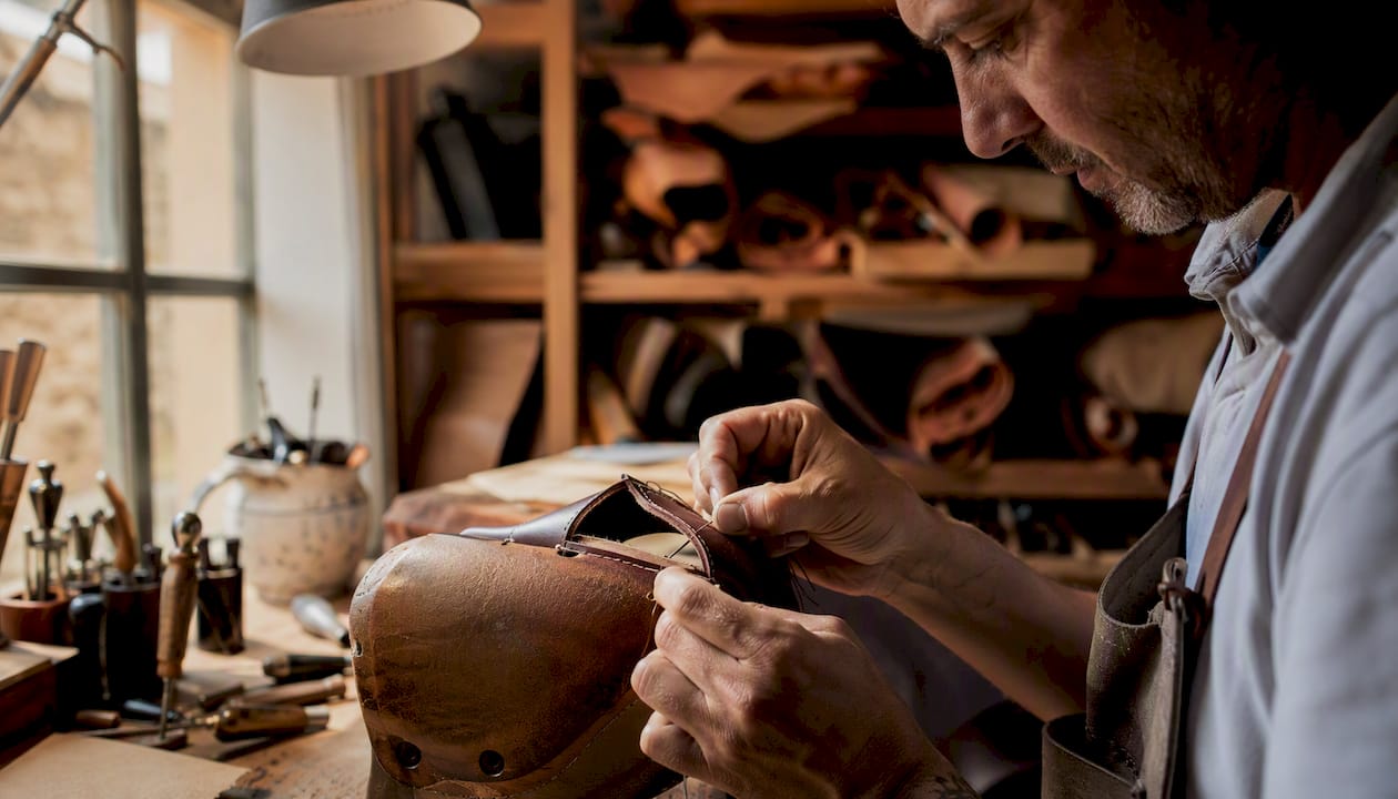 Hand-stitching shoe upper in leather workshop