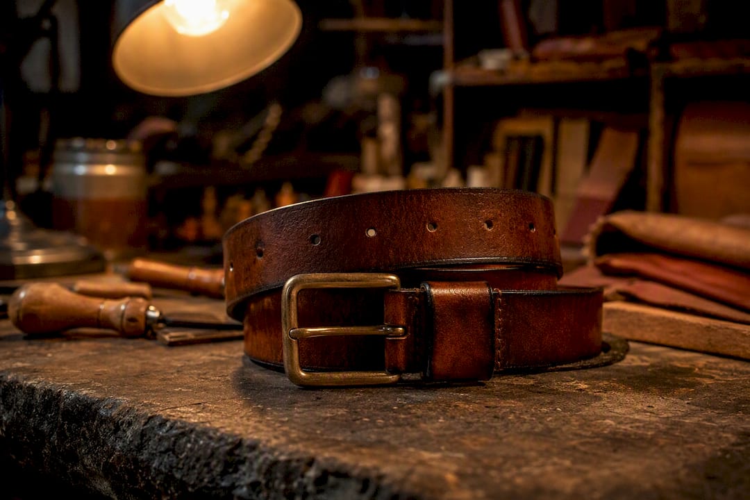 Close-up vegetable tanned leather belt on wooden workbench