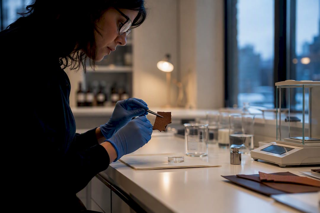 Hands preparing leather sample in lab