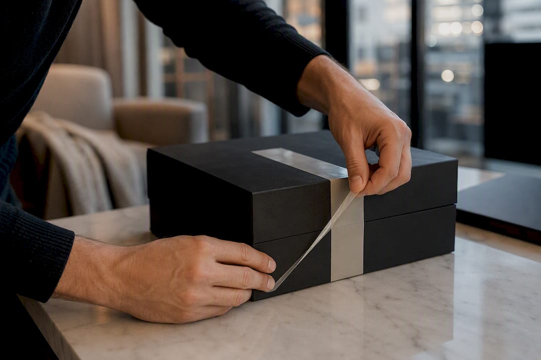 Hands sealing luxury delivery box securely