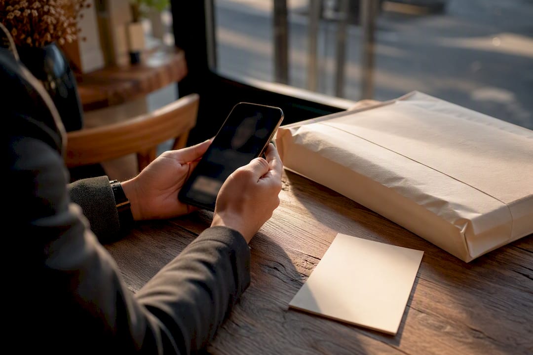 Smartphone and parcel on workspace