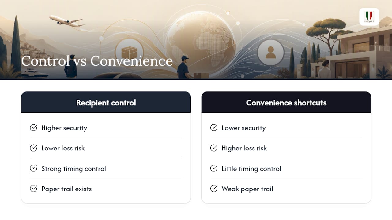 Diagram comparing delivery control and convenience options