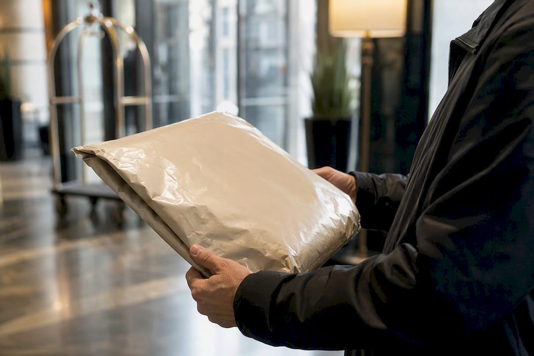Courier hands holding luxury parcel outdoors