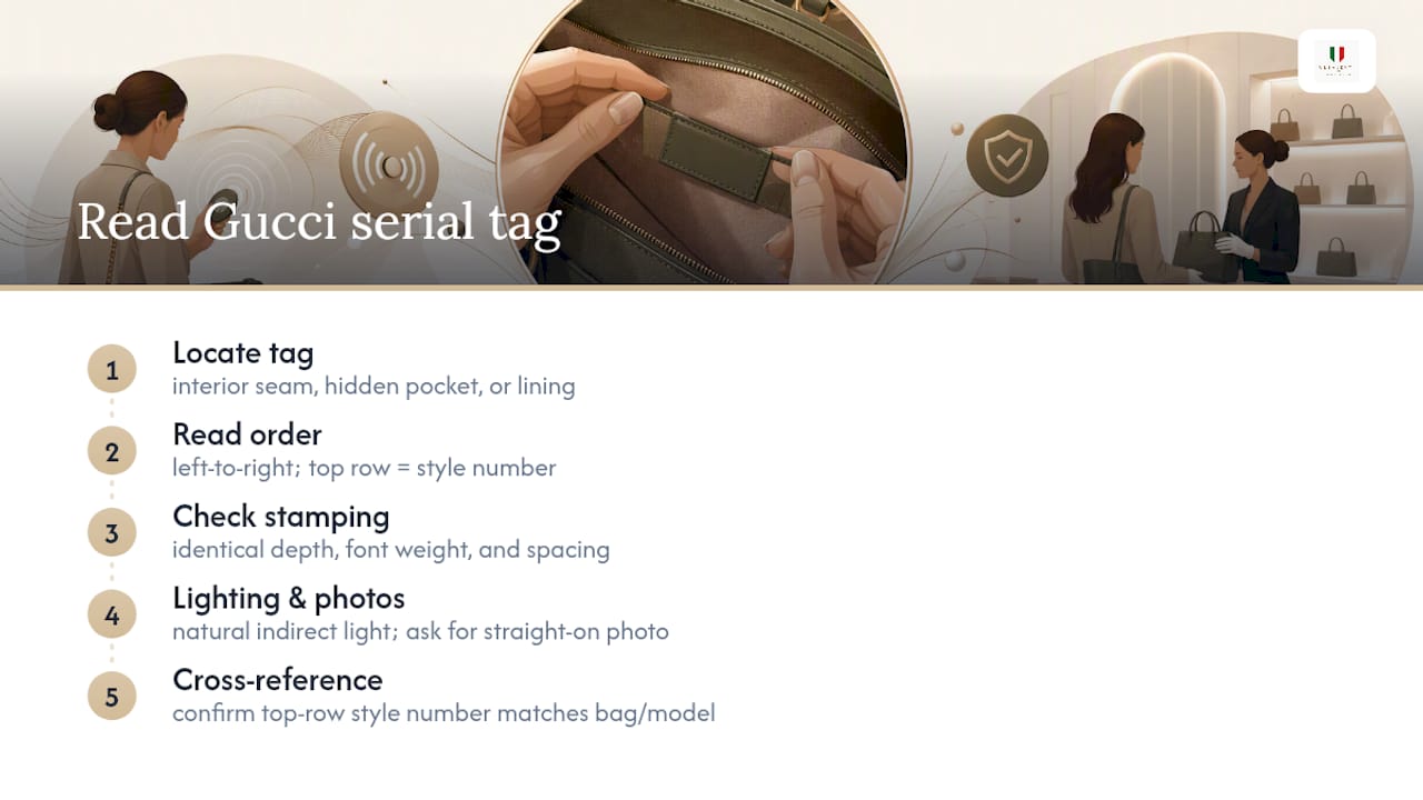 Where to Find and Read the Serial Tag on a Gucci Bag — overview diagram