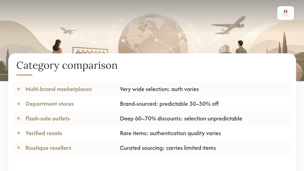 How Do These Categories Compare on Selection, Discounts, and Authenticity? — overview diagram