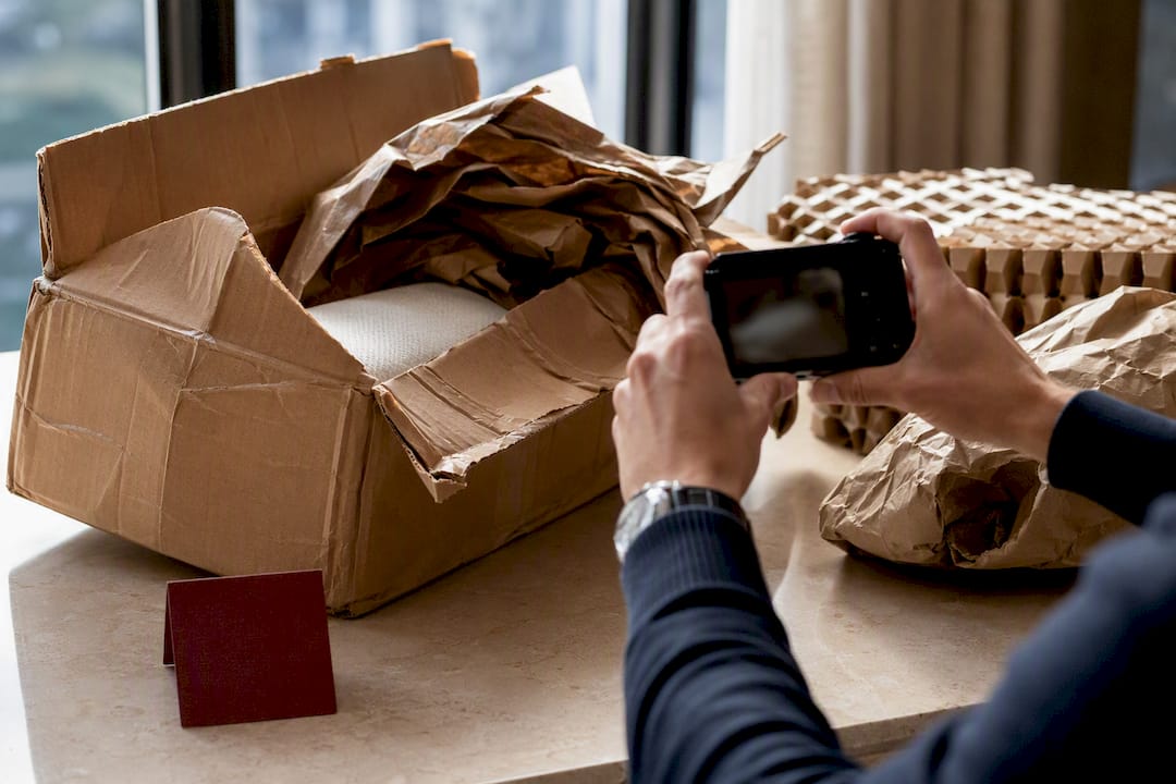 Hands documenting damaged parcel evidence