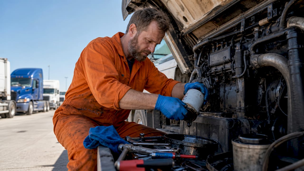 Mechanic hands changing oil filter on diesel truck engine