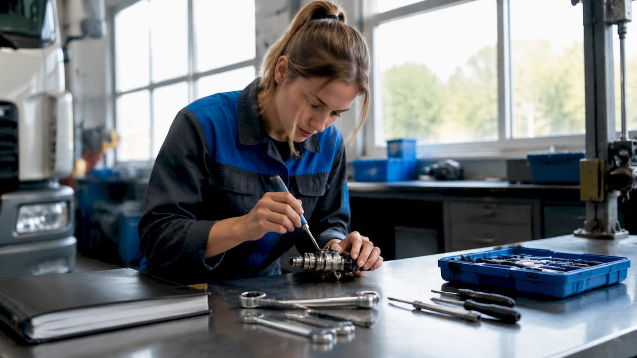 Technician repairing fuel injector component