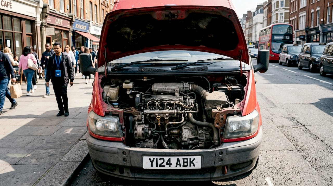 Small diesel engine in delivery van hood