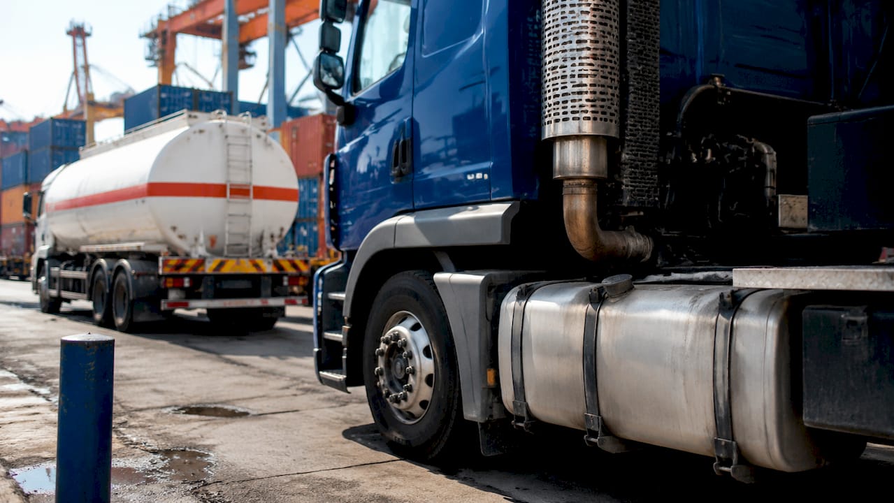 Close view of diesel semi-truck fuel system details