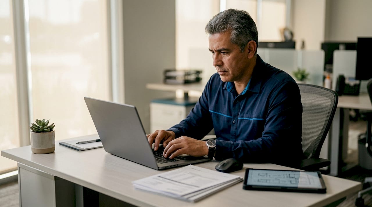 Technician updating inventory on laptop at maintenance desk
