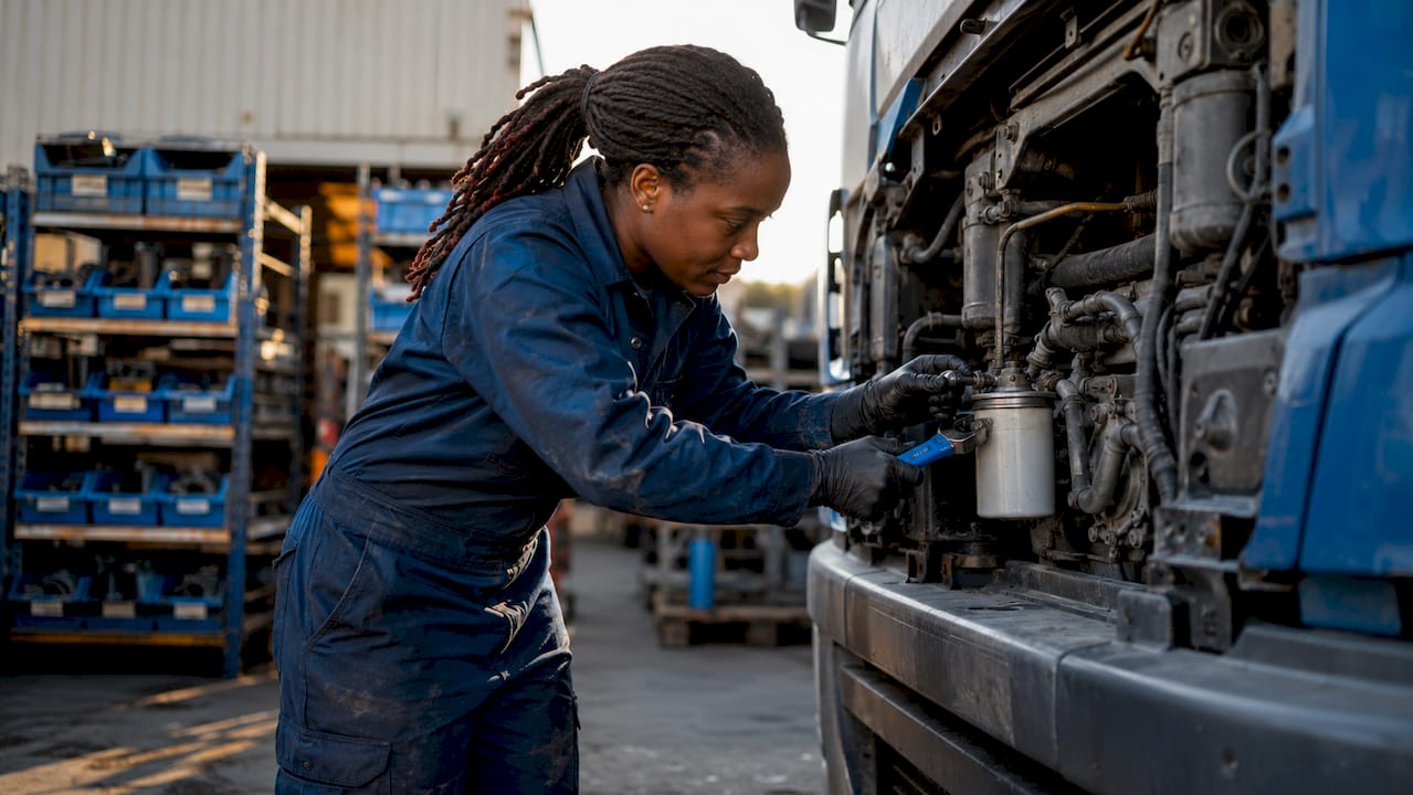 Technician changing truck oil filter hands close-up
