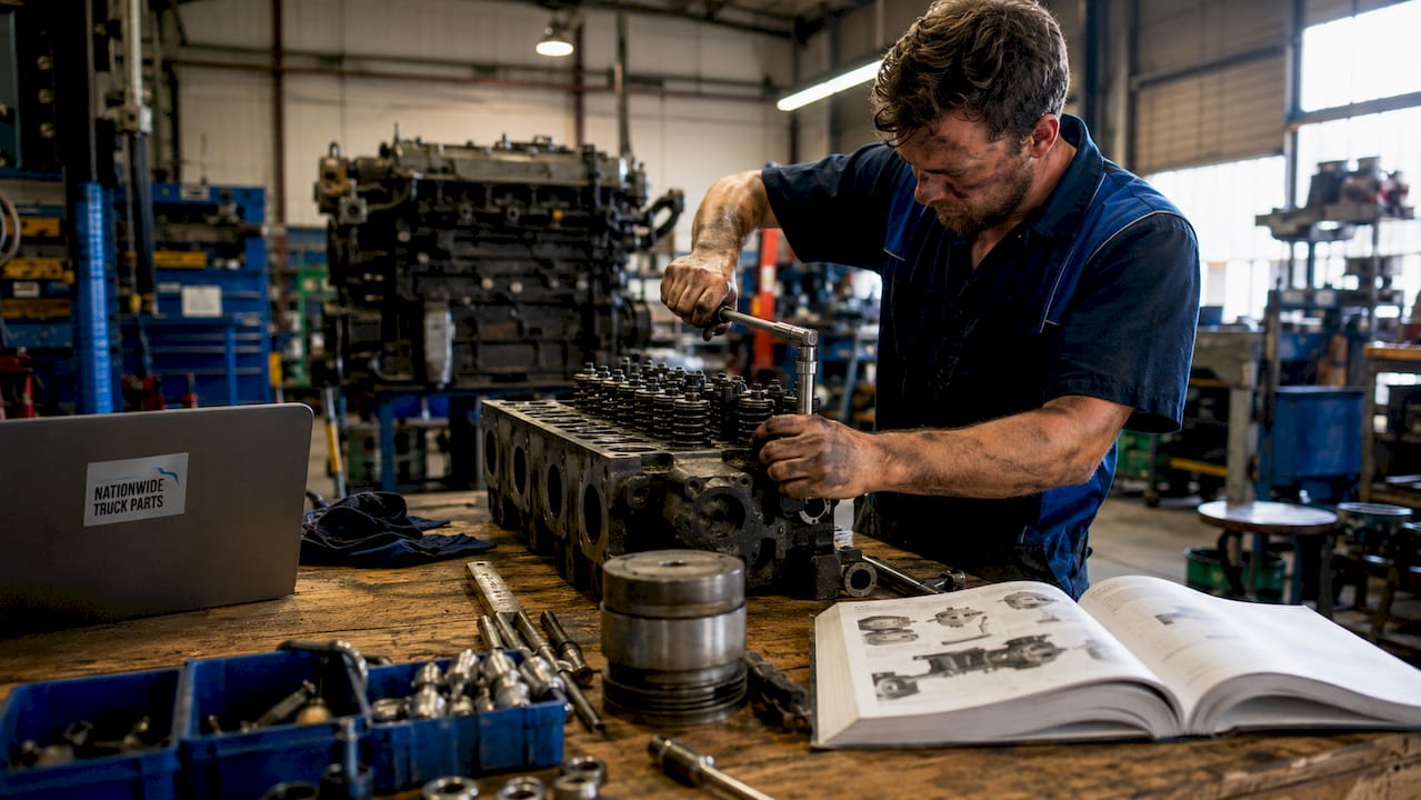 Technician assembling diesel engine components at workshop bench