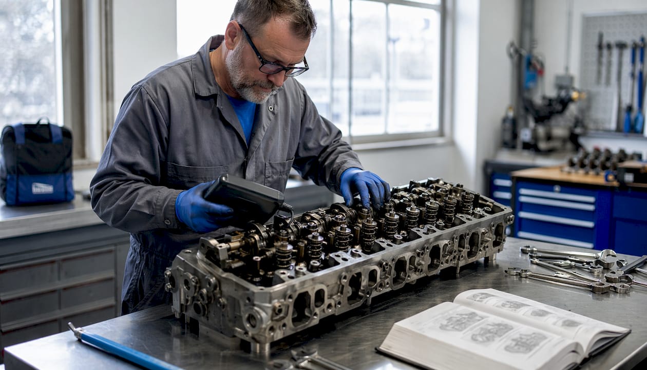 Close-up diesel engine valve mechanism with technician