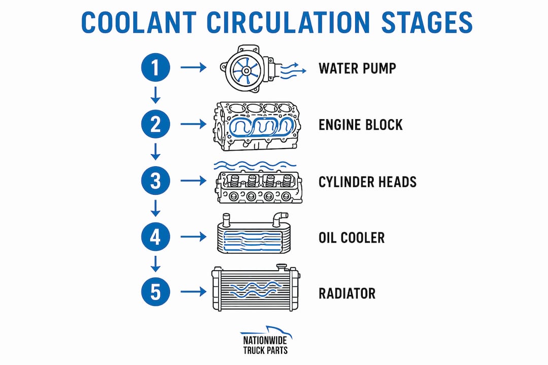 Infographic illustrating coolant circulation stages in a truck engine