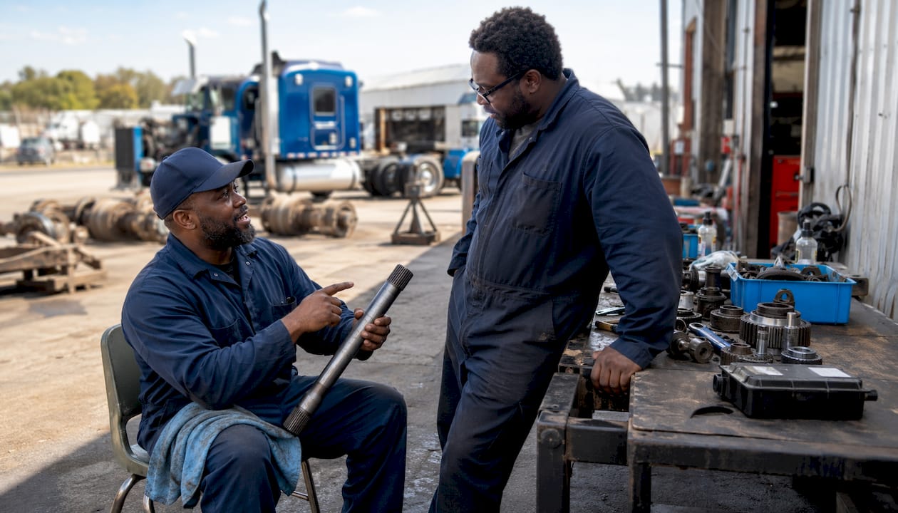 Mechanics discussing used truck parts in garage