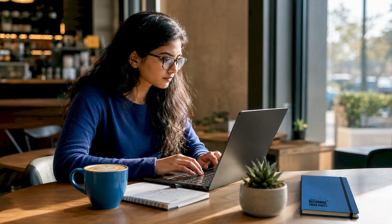 Woman browsing used truck parts online at home desk