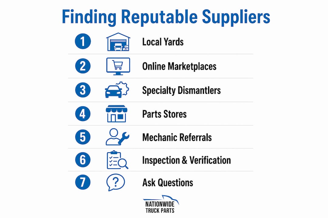 Infographic showing steps to find reputable used truck parts suppliers