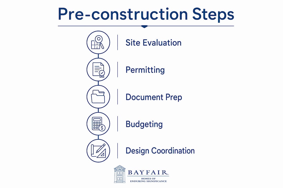 Infographic illustrating pre-construction steps for custom homes