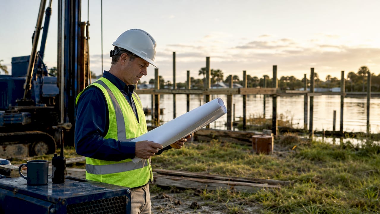 Construction manager inspecting waterfront home site