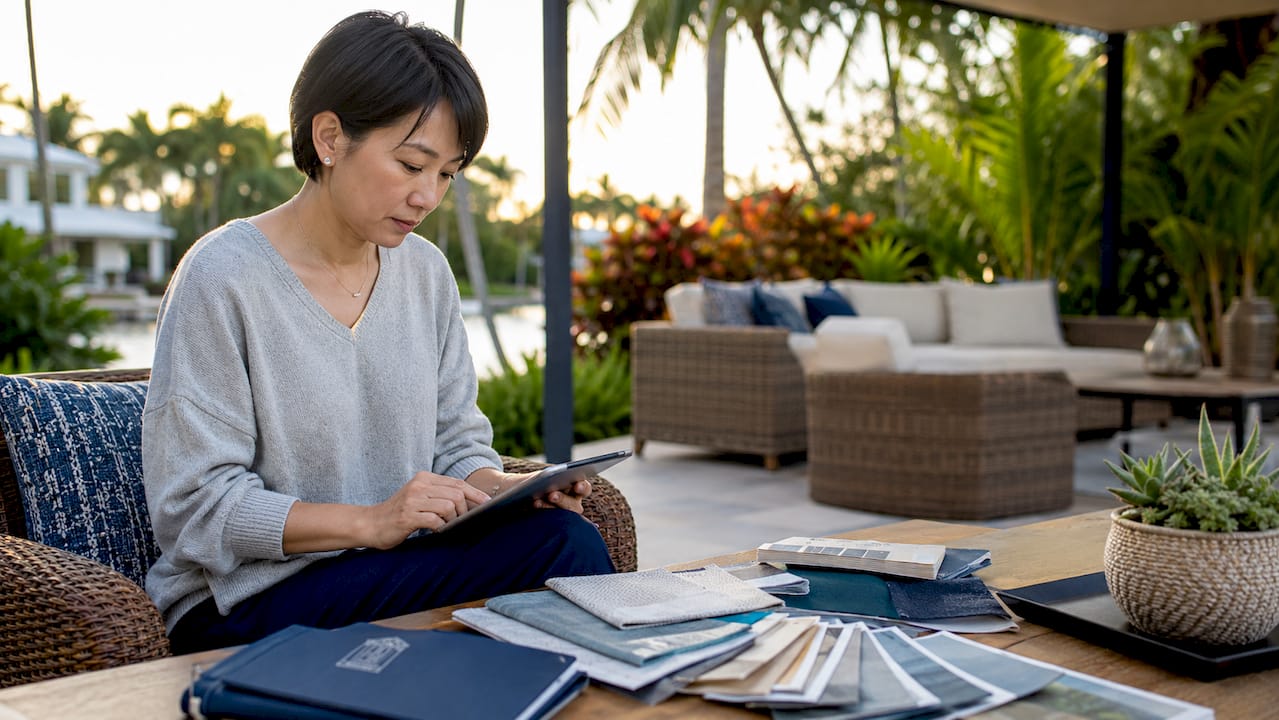 Interior designer reviewing material samples overhead view