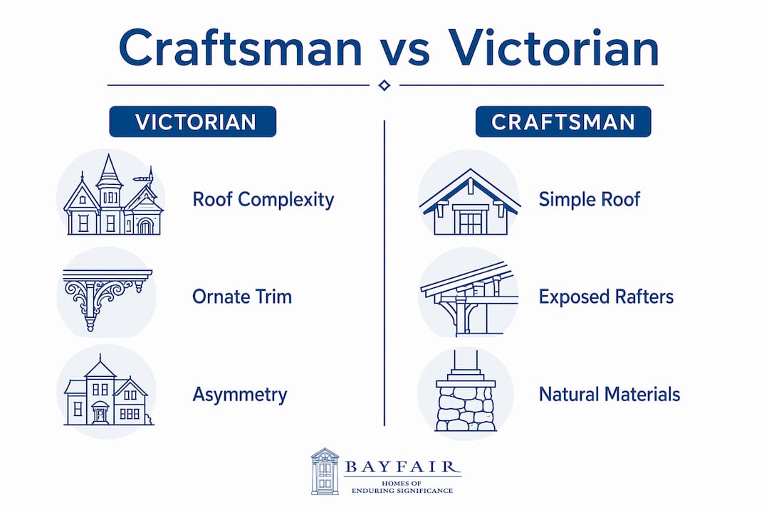 Infographic comparing Craftsman and Victorian architectural features
