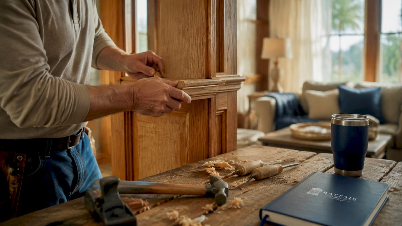 Hands installing handcrafted wood millwork interior