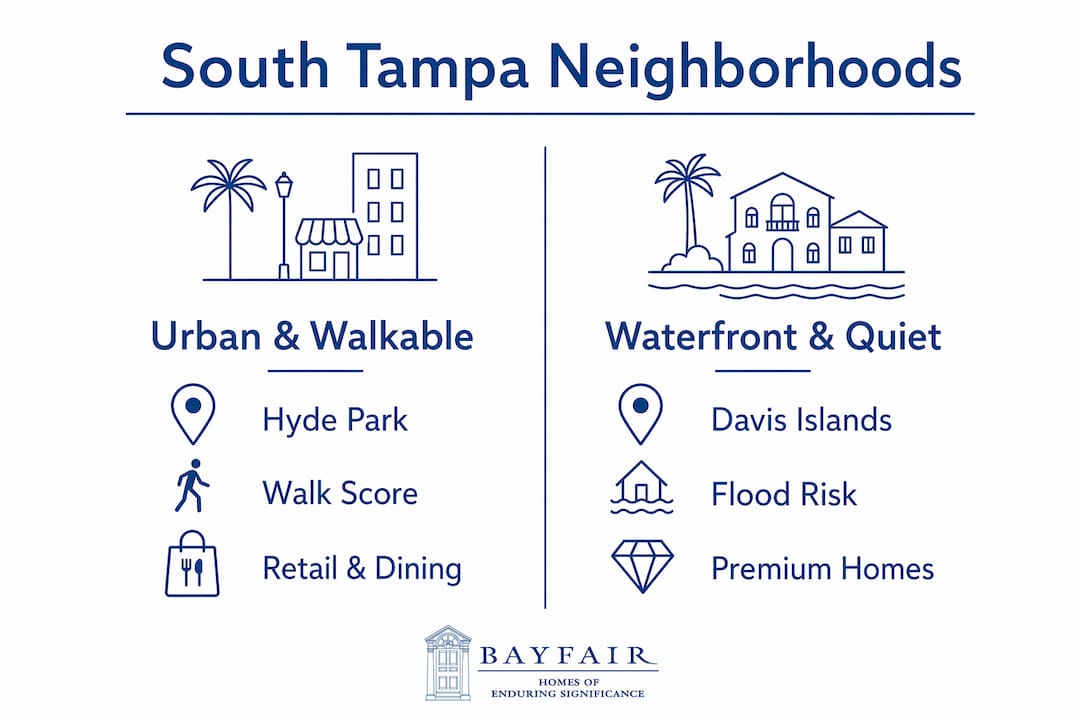 Infographic comparing South Tampa neighborhoods by lifestyle and features