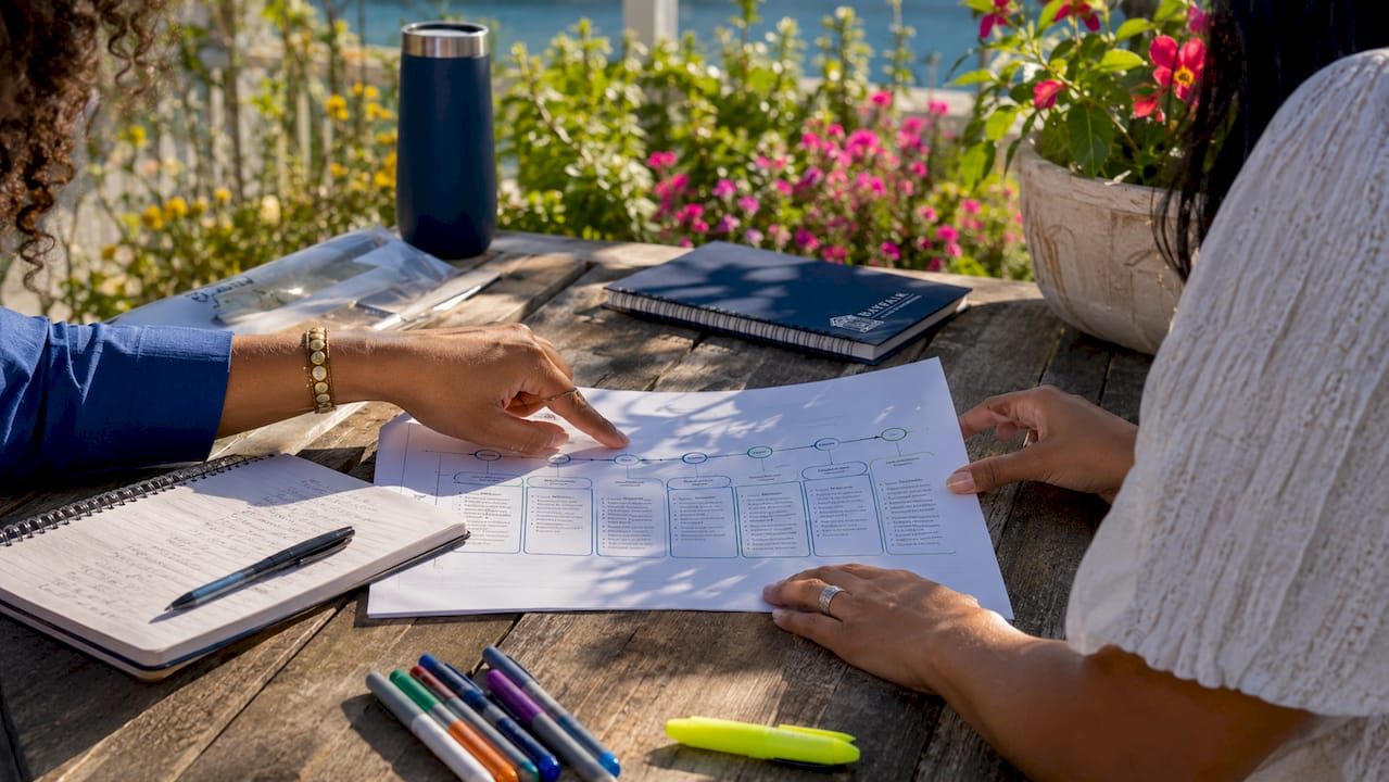 Hands analyzing custom home timeline document