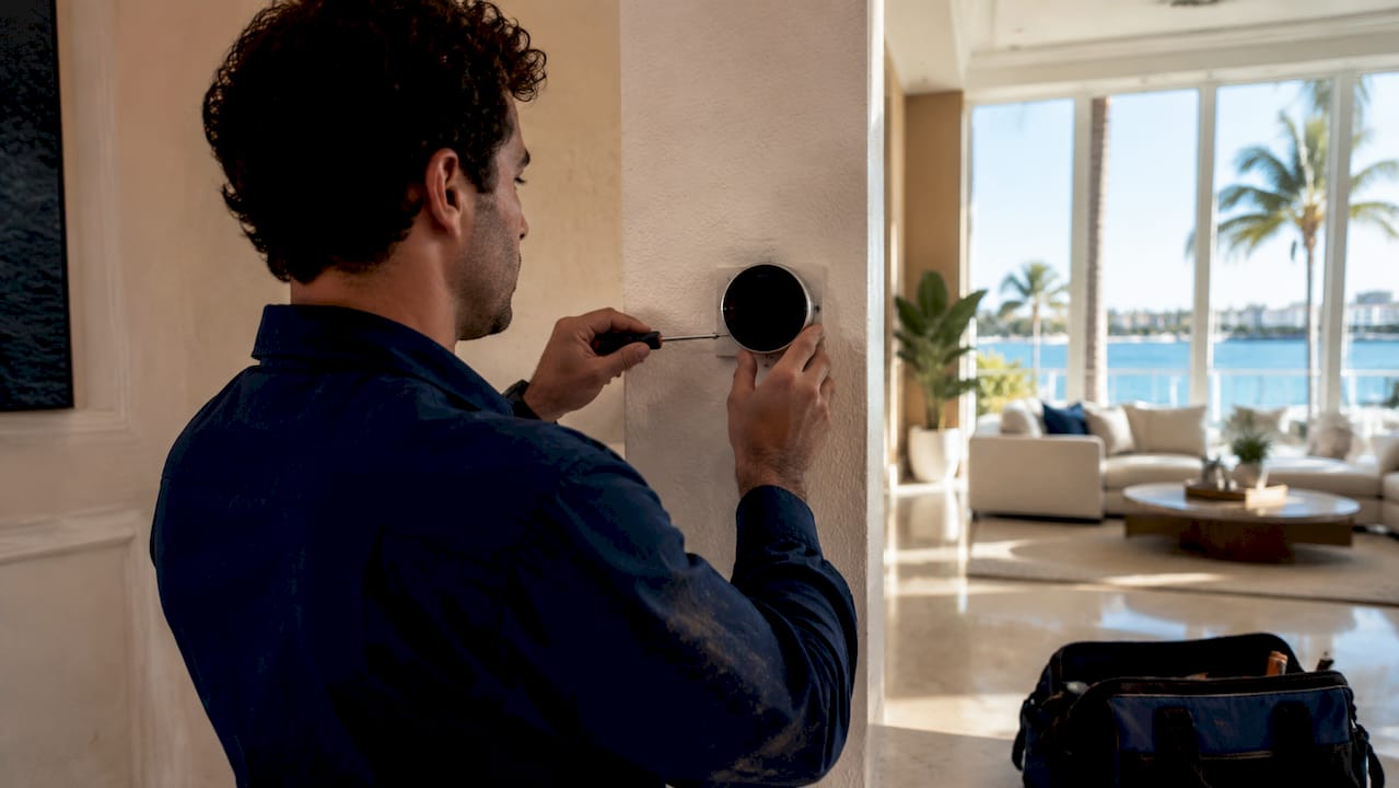 HVAC technician installing smart thermostat